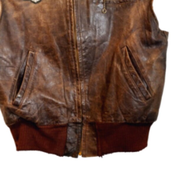 Men’s Distressed Brown Leather Vest XL Full Zip Lined Pockets Vintage w/ Patches - Picture 8 of 11